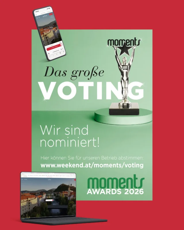 Das Hotel Weitzer ist für den moments Award 2026 in der Kategorie „Außenauftritt des Jahres“ nominiert.🥳🤩

Diese Nominierung bedeutet uns besonders viel, denn sie würdigt all die großen und kleinen Dinge, womit wir das Weitzer nach außen sichtbar machen – von unserer neuen Website bis hin zu den vielen Geschichten, die wir als Haus der Stadt erzählen.
Kurz gesagt: all das, was das Weitzer zu dem macht, was es ist – das Haus der Stadt.

✨ Wenn Ihnen unser Auftritt gefällt, freuen wir uns über Ihre Stimme.
🗳️ Das Voting läuft noch bis 25.09.
Vielen Dank für Ihre Unterstützung und fürs Mitverfolgen unserer Geschichten. 💛